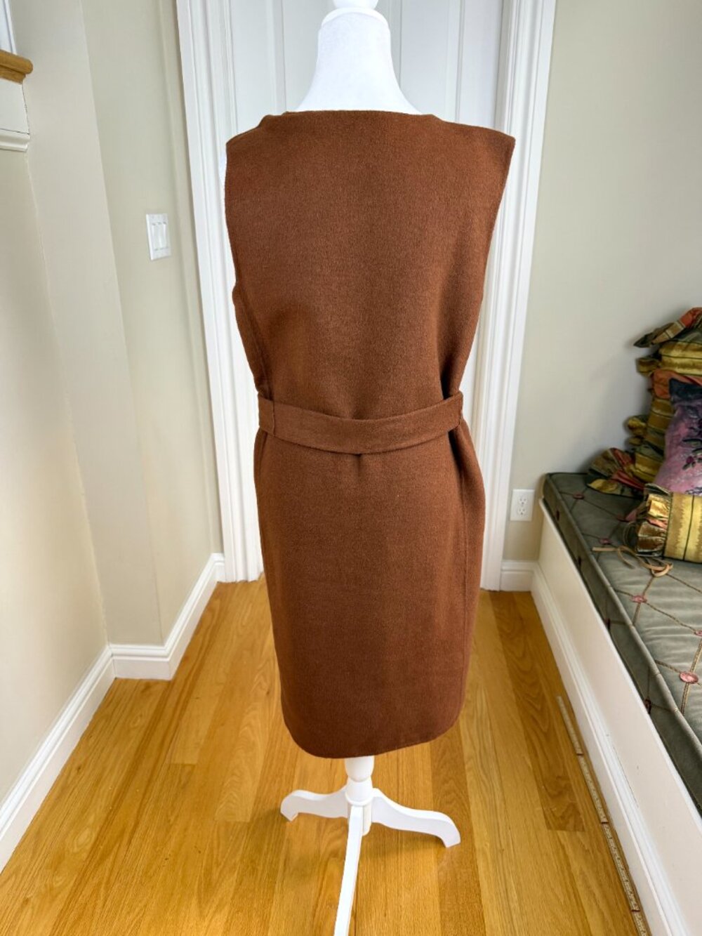 Talbots Longline Sweater Vest Wool Blend Sleeveless Belted Cognac Layering (M) - Picture 6 of 8